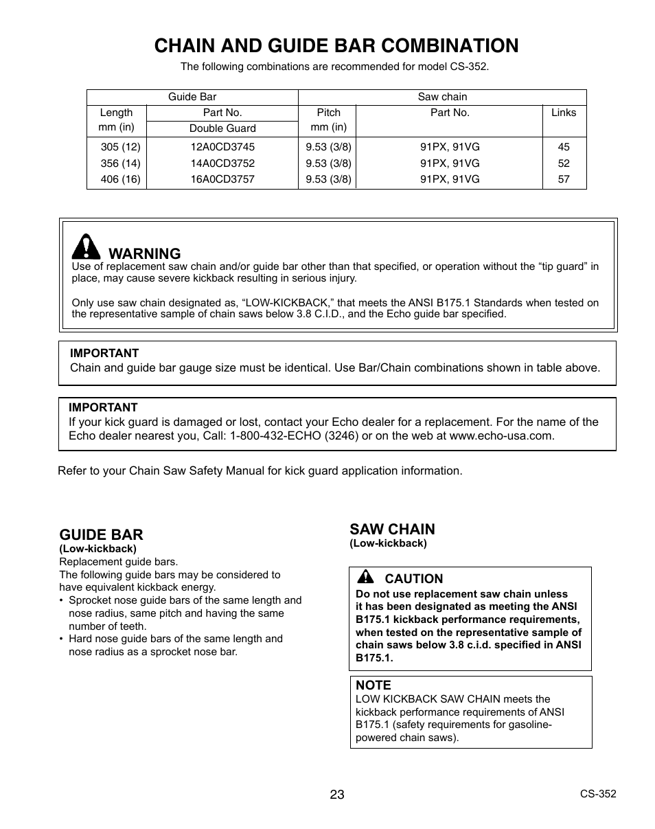 Chain and guide bar combination, Saw chain, Guide bar | Warning | Echo CS-352 User Manual | Page 23 / 36