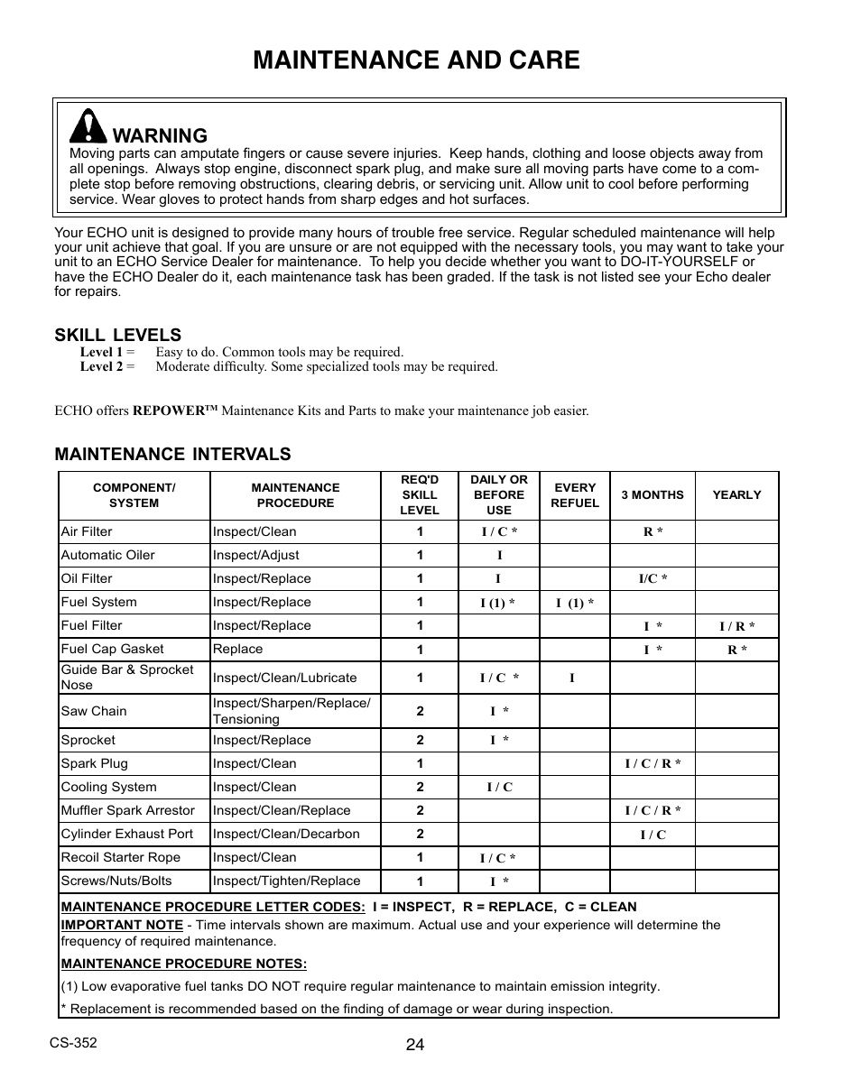 Maintenance and care, Warning, Skill | Levels, Maintenance, Intervals | Echo CS-352 User Manual | Page 24 / 36