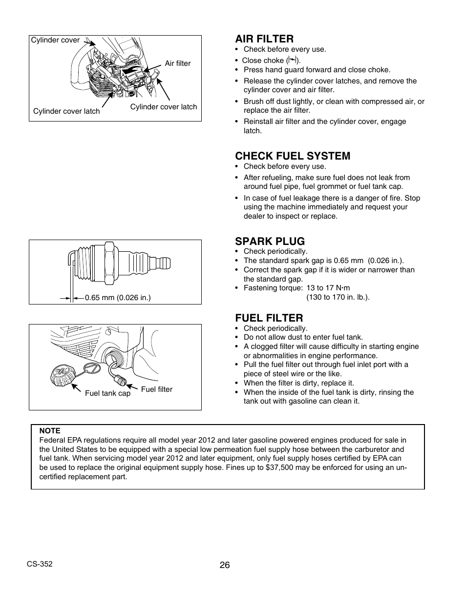 Air filter, Check fuel system, Spark plug | Fuel filter | Echo CS-352 User Manual | Page 26 / 36