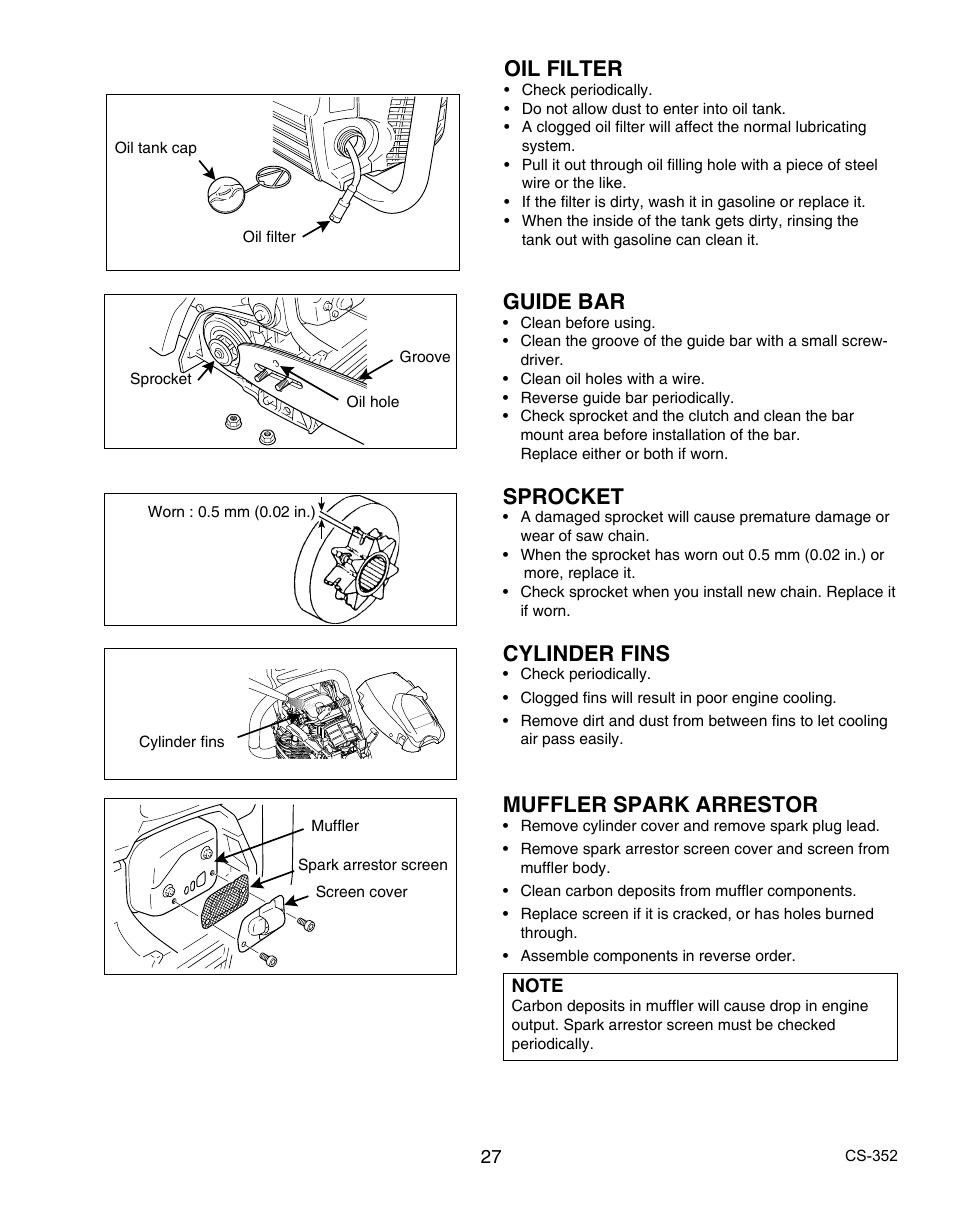 Guide bar, Sprocket, Cylinder fins | Muffler spark arrestor, Oil filter | Echo CS-352 User Manual | Page 27 / 36
