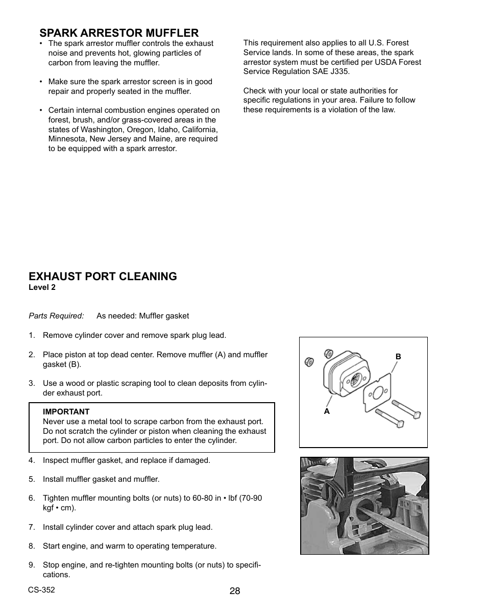 Exhaust port cleaning, Spark arrestor muffler | Echo CS-352 User Manual | Page 28 / 36