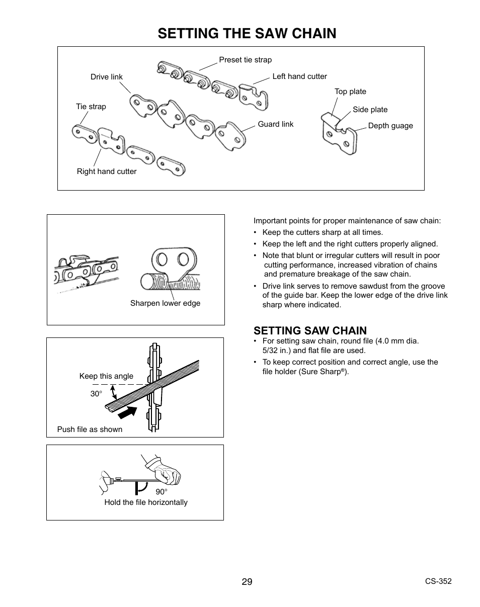 Setting the saw chain, Setting saw chain | Echo CS-352 User Manual | Page 29 / 36