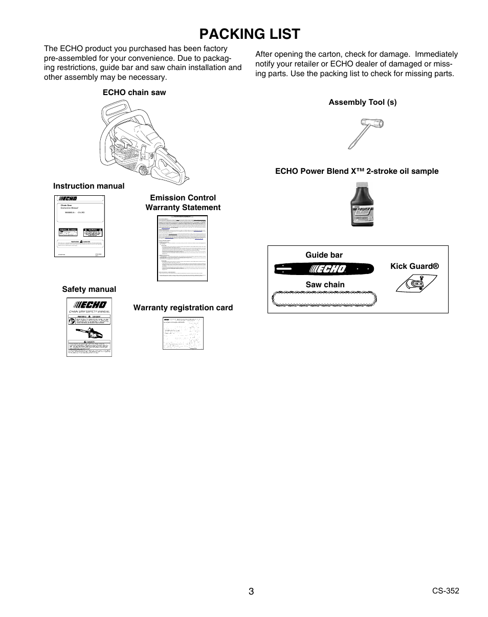 Packing list | Echo CS-352 User Manual | Page 3 / 36
