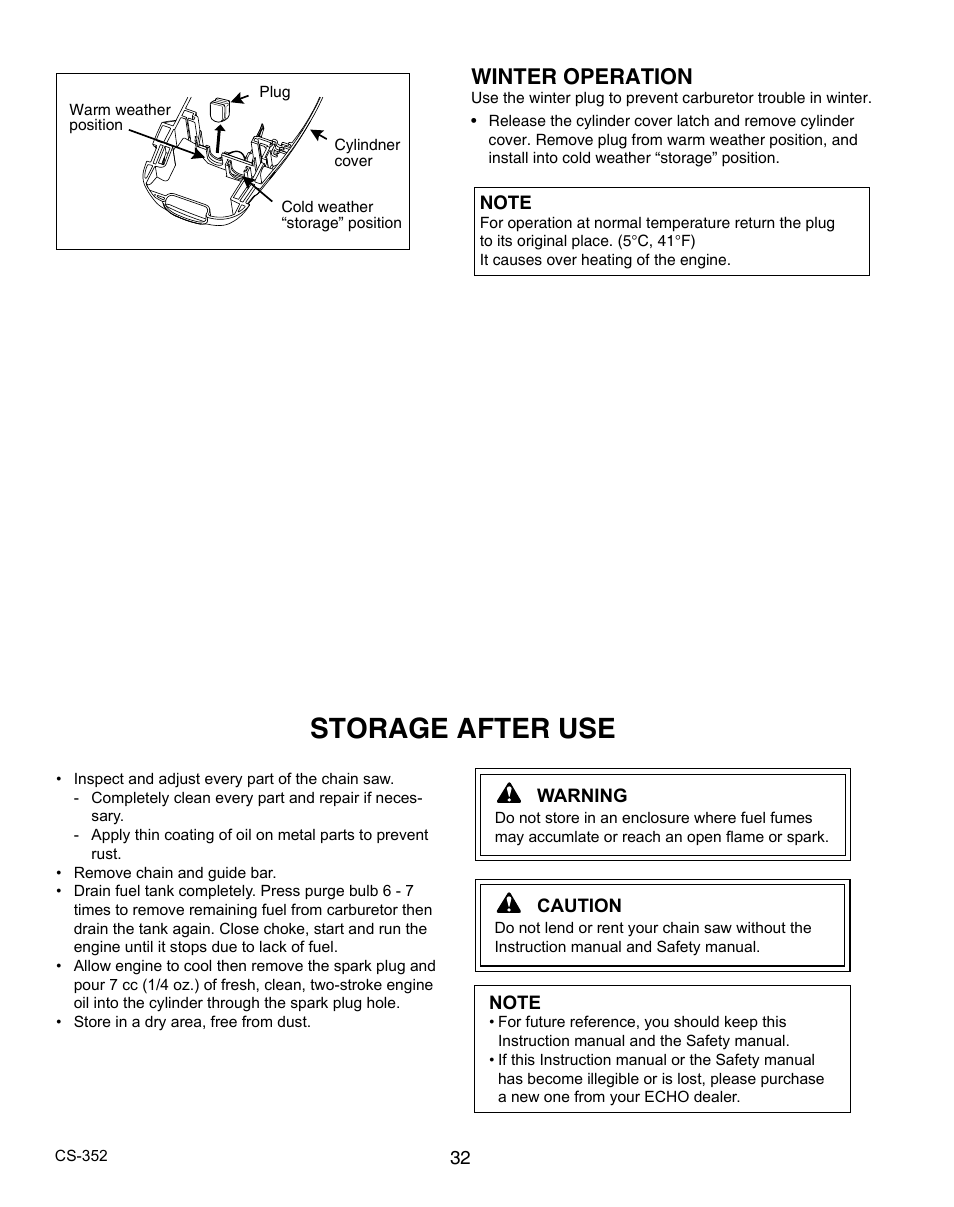 Storage after use, Winter operation | Echo CS-352 User Manual | Page 32 / 36