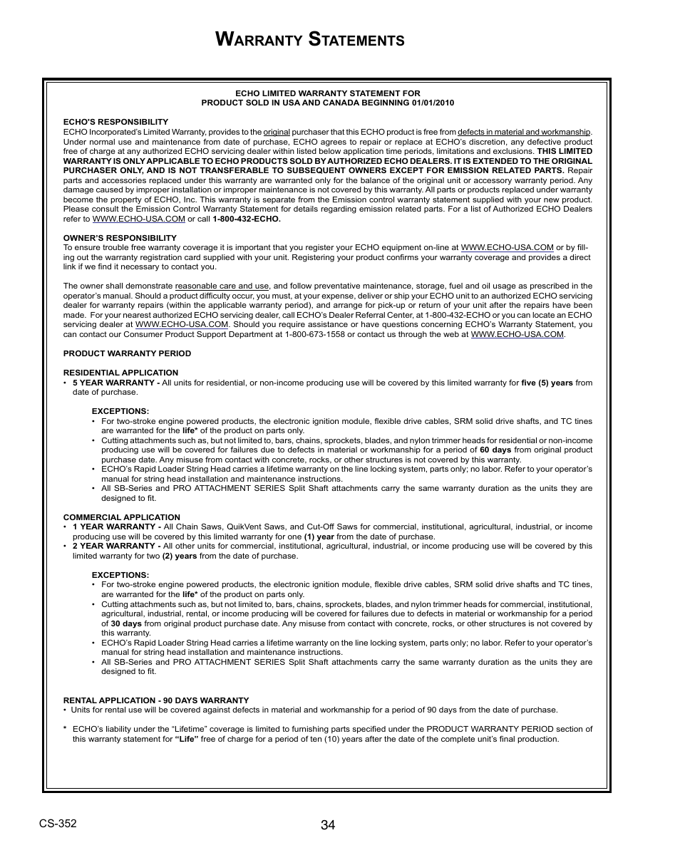 Arranty, Tatements | Echo CS-352 User Manual | Page 34 / 36
