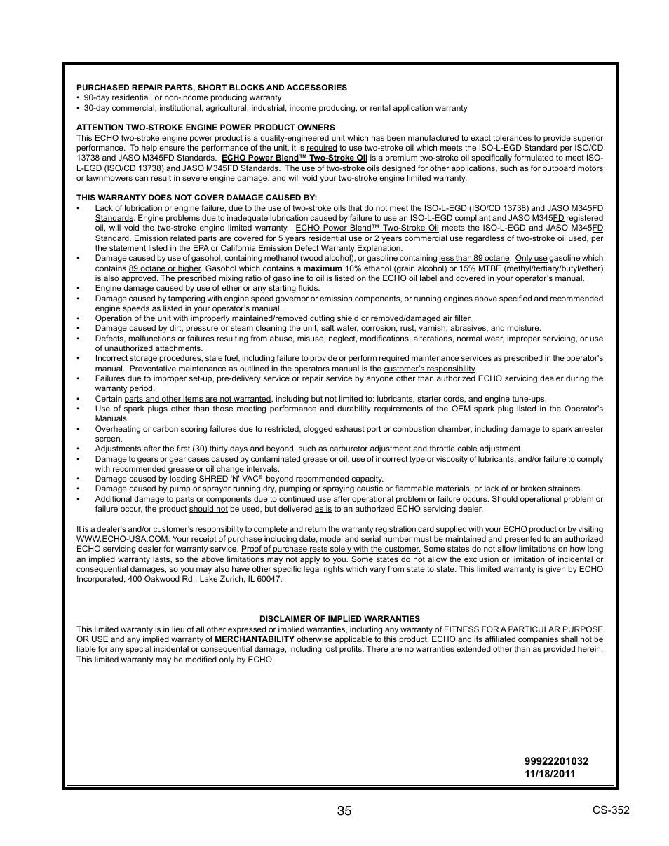 Cs-352 | Echo CS-352 User Manual | Page 35 / 36