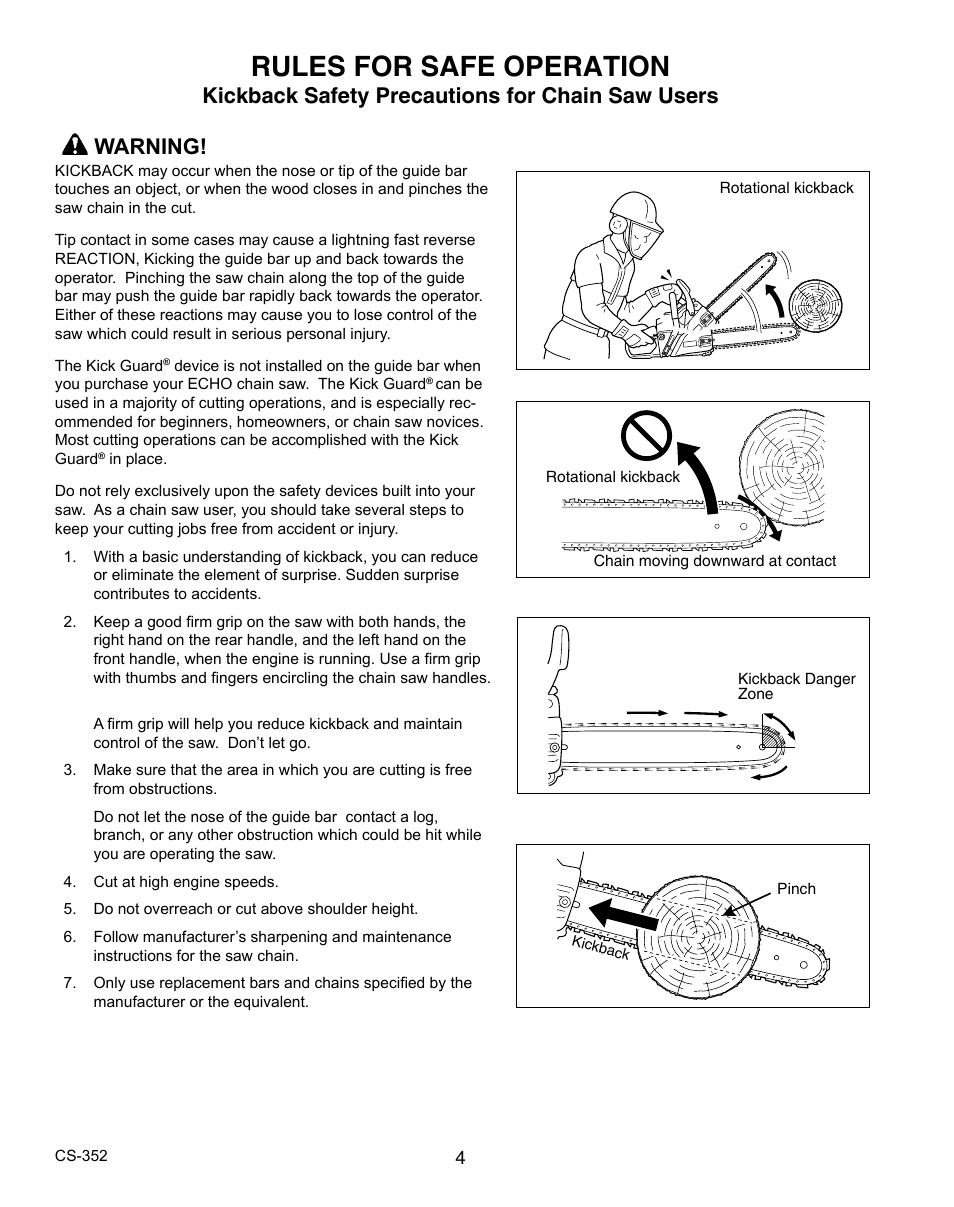 Rules for safe operation, Kickback safety precautions for chain saw users, Warning | Echo CS-352 User Manual | Page 4 / 36