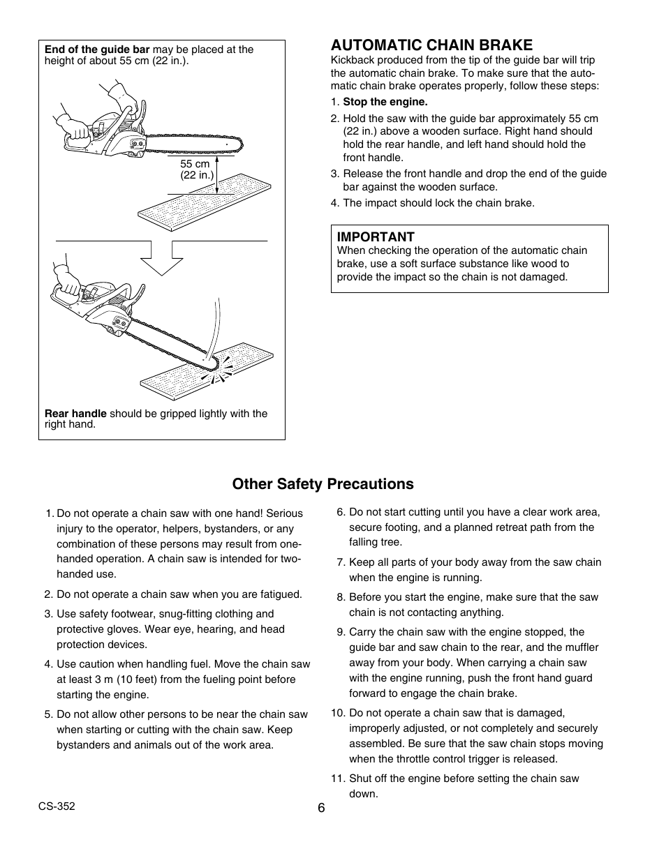 Automatic chain brake, Other safety precautions | Echo CS-352 User Manual | Page 6 / 36