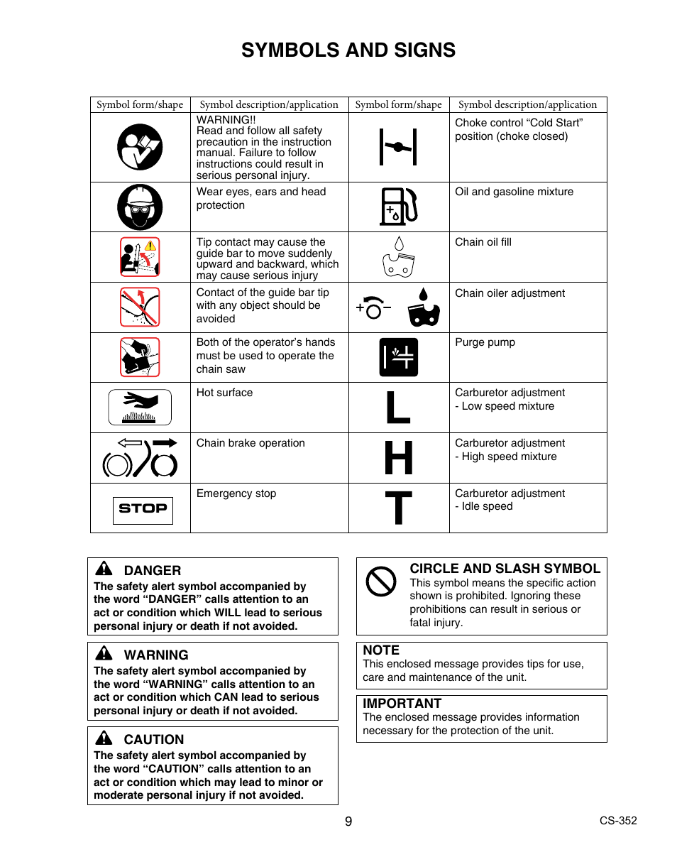 Symbols and signs | Echo CS-352 User Manual | Page 9 / 36