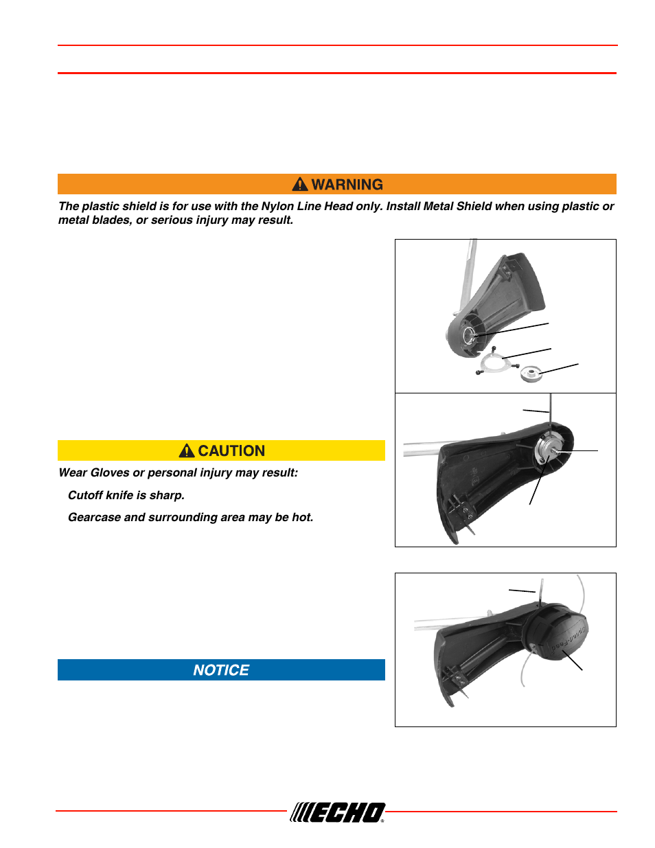 Assembly, Plastic shield installation, Nylon line head installation | Srm-266/s assembly | Echo SRM-266S User Manual | Page 13 / 36