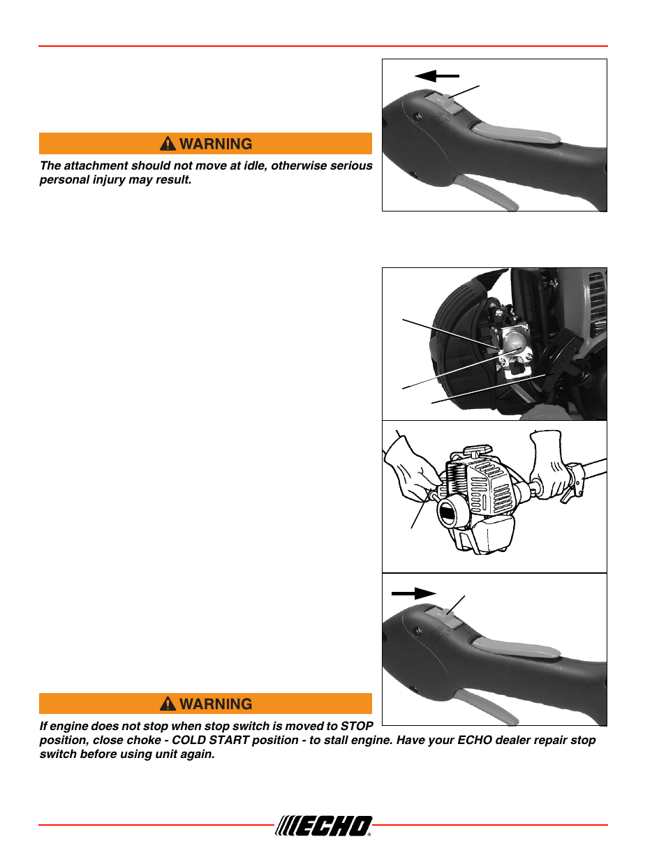 Starting warm engine, Stopping engine, Starting warm engine stopping engine | Operation srm-266/s starting warm engine | Echo SRM-266S User Manual | Page 20 / 36