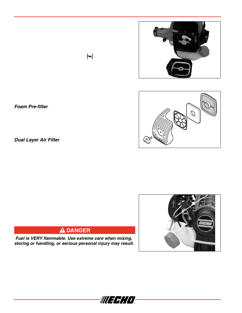 Air filter, Foam pre-filter, Dual layer air filter | Fuel filter, Air filter fuel filter, Maintenance srm-266/s air filter | Echo SRM-266S User Manual | Page 22 / 36