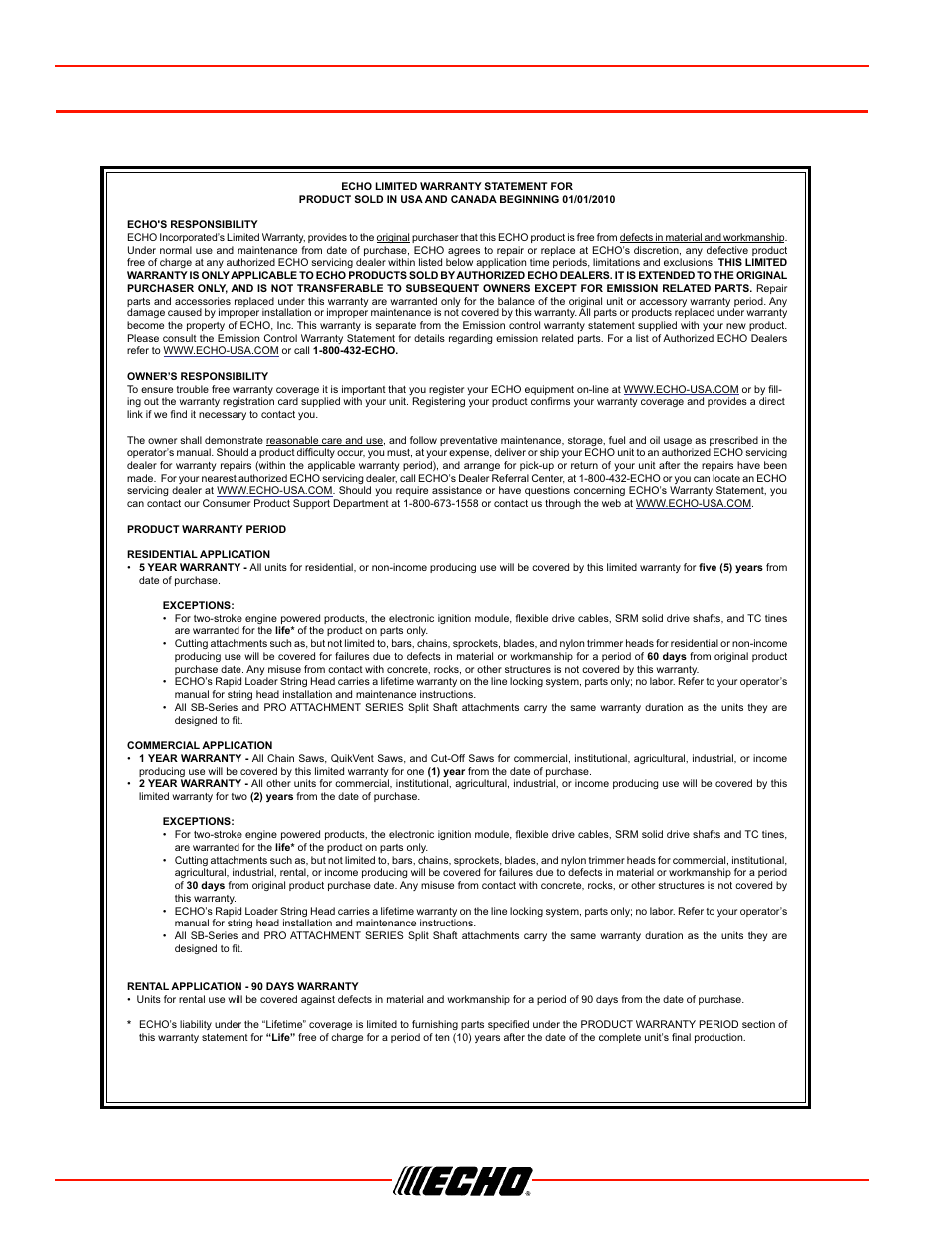 Warranty statements, Warranty statements srm-266/s | Echo SRM-266S User Manual | Page 32 / 36