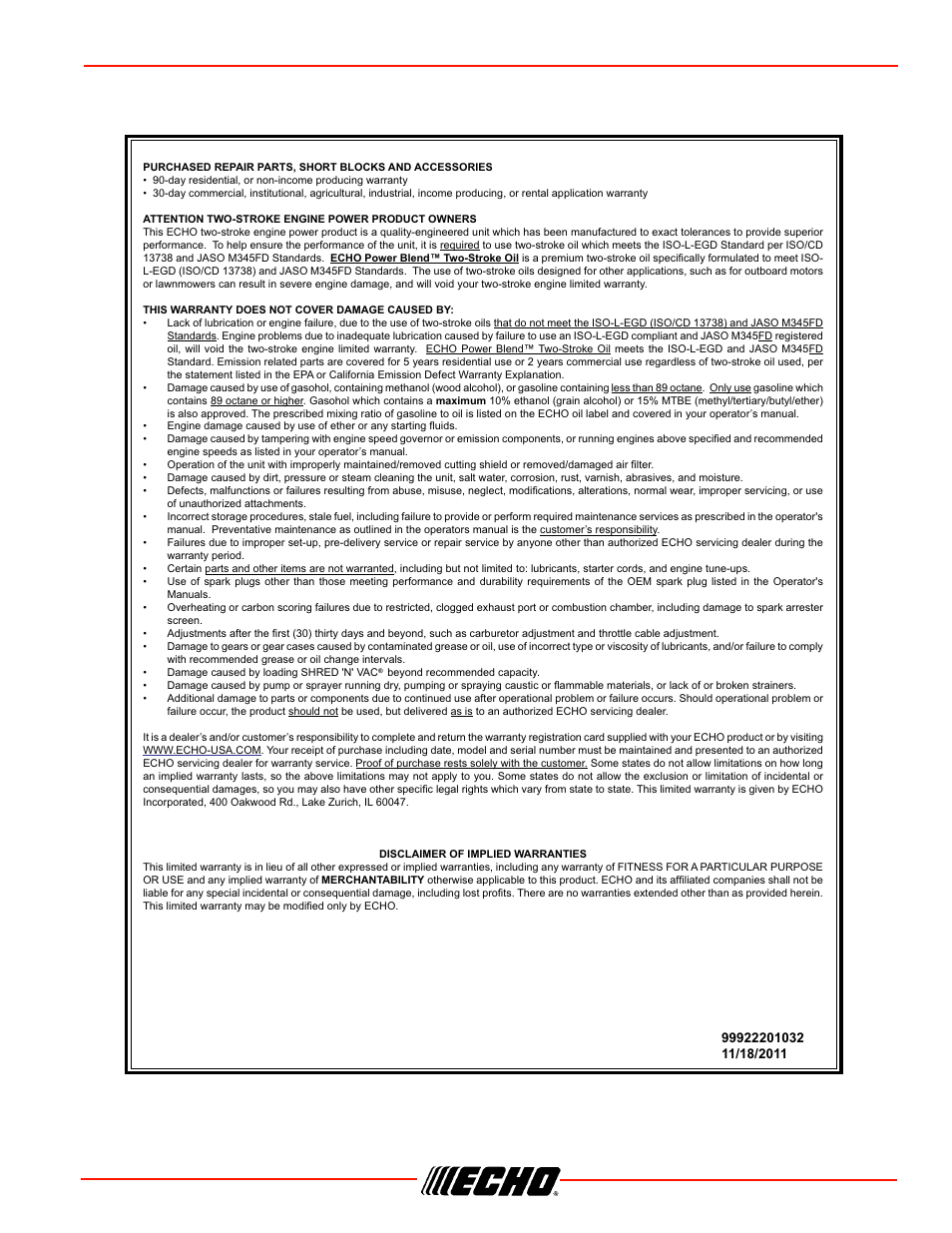 Srm-266/s warranty statements | Echo SRM-266S User Manual | Page 33 / 36