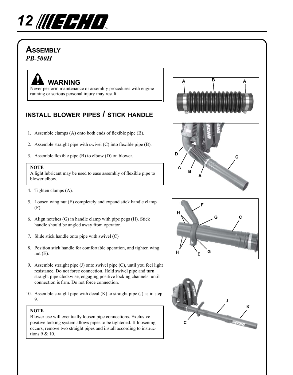 Assembly, Install blower pipes / stick handle, Pb-500h warning | Echo PB-500H User Manual | Page 12 / 32