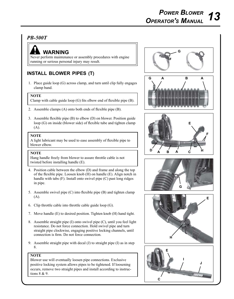 Install blower pipes (t), Pb-500t warning | Echo PB-500H User Manual | Page 13 / 32
