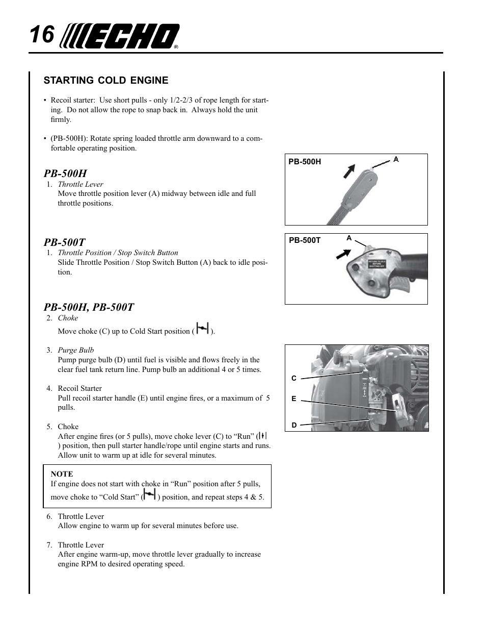 Starting cold engine, Pb-500h, Pb-500t | Echo PB-500H User Manual | Page 16 / 32