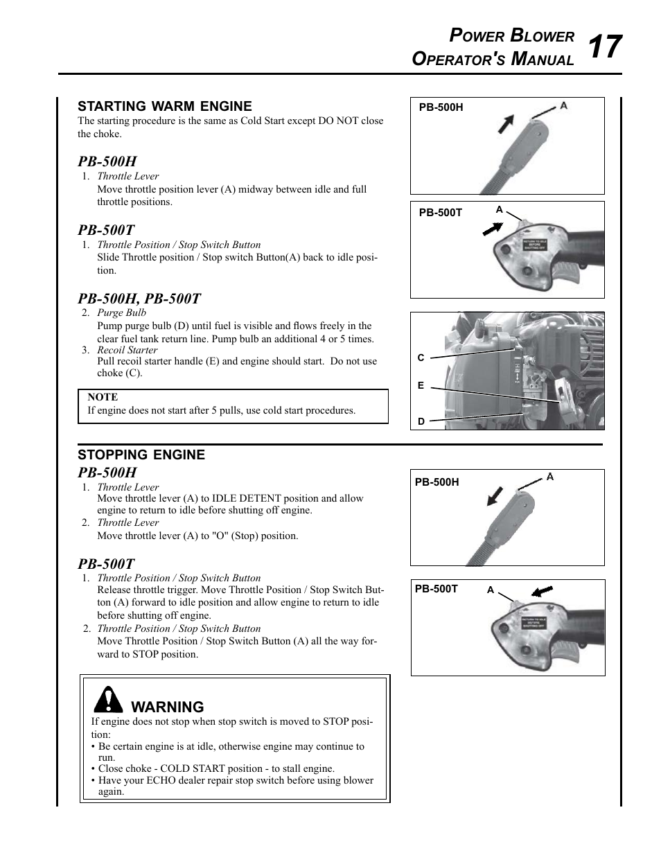 Starting warm engine, Stopping engine | Echo PB-500H User Manual | Page 17 / 32