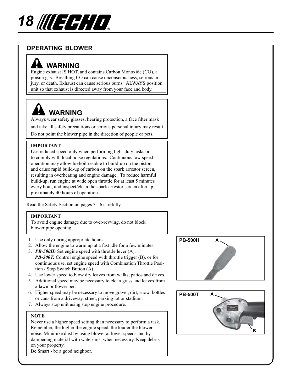Operating blower, Warning | Echo PB-500H User Manual | Page 18 / 32