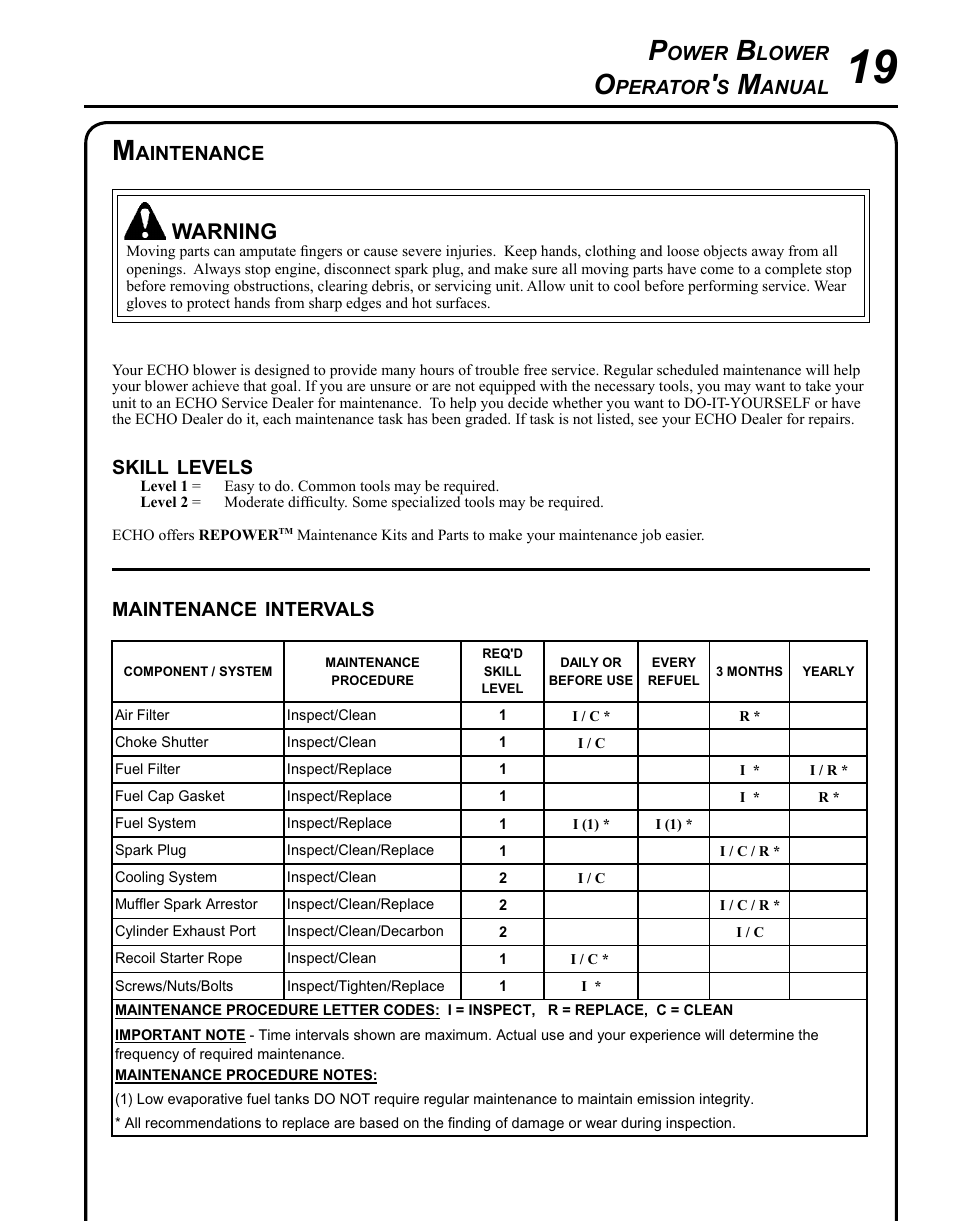 Maintenance, Warning | Echo PB-500H User Manual | Page 19 / 32
