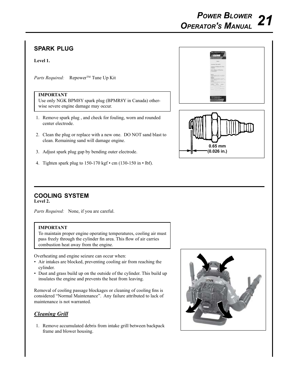 Spark plug, Cooling system | Echo PB-500H User Manual | Page 21 / 32