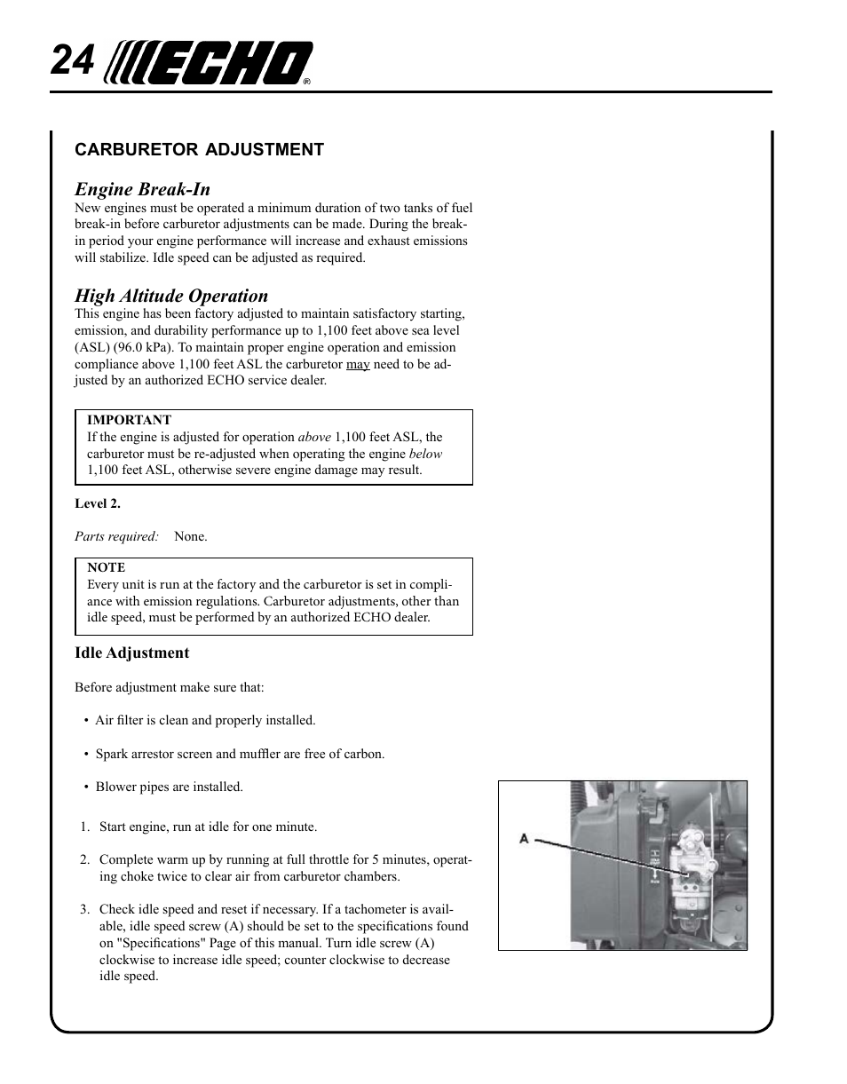 Carburetor adjustment, Engine break-in, High altitude operation | Echo PB-500H User Manual | Page 24 / 32