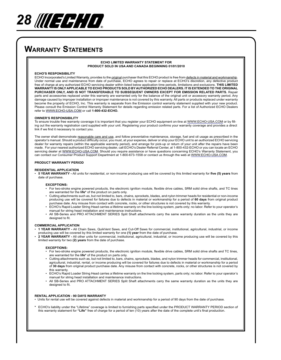 Warranty statements, Arranty, Tatements | Echo PB-500H User Manual | Page 28 / 32