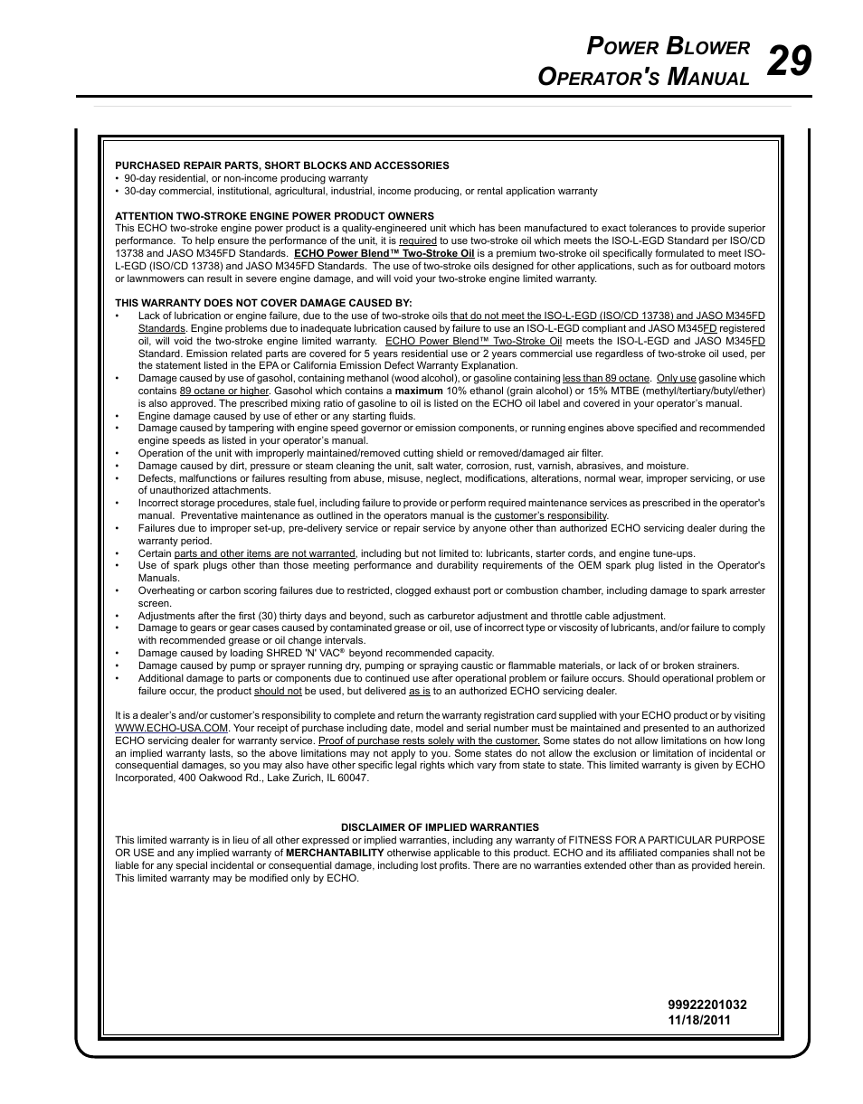 Ower, Lower, Perator | Anual | Echo PB-500H User Manual | Page 29 / 32