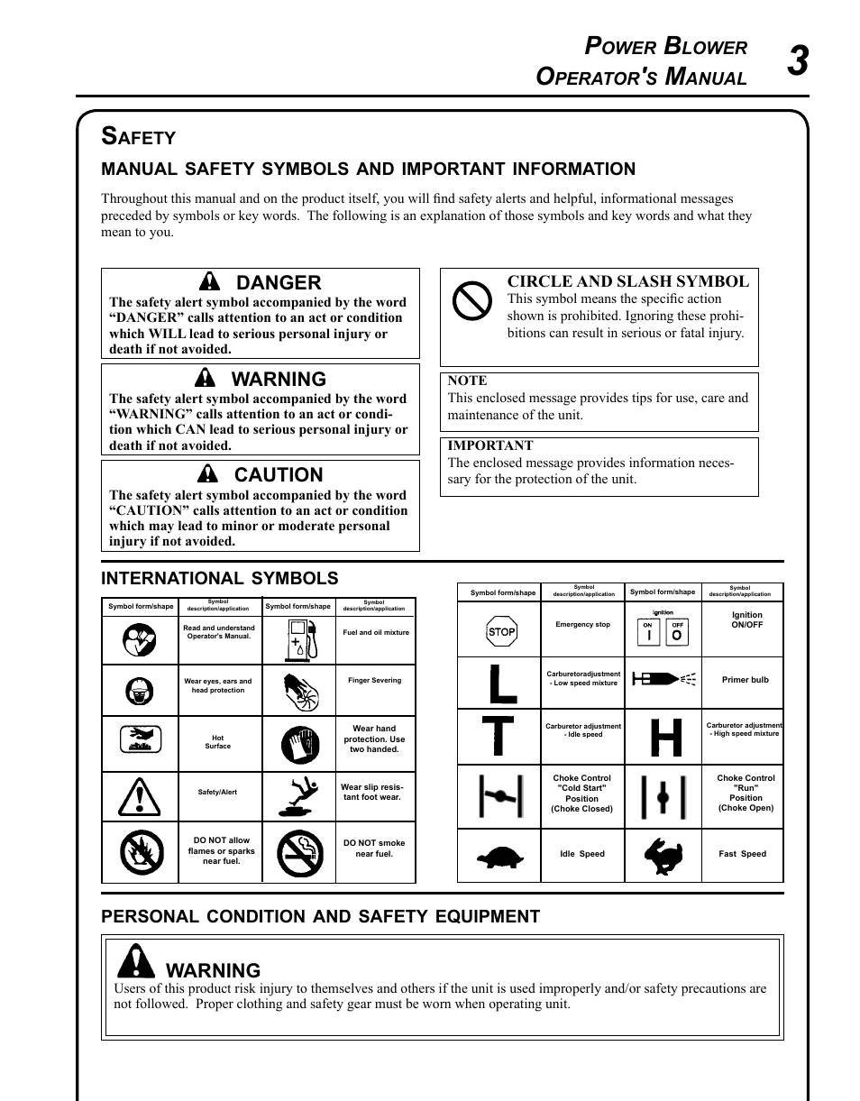 Safety, Warning, Caution | Danger, Ower, Lower, Perator, Anual international, Symbols, Personal | Echo PB-500H User Manual | Page 3 / 32