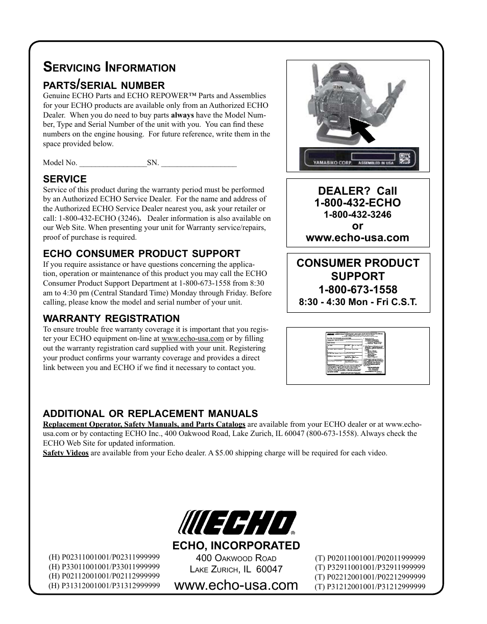 Servicing information | Echo PB-500H User Manual | Page 32 / 32