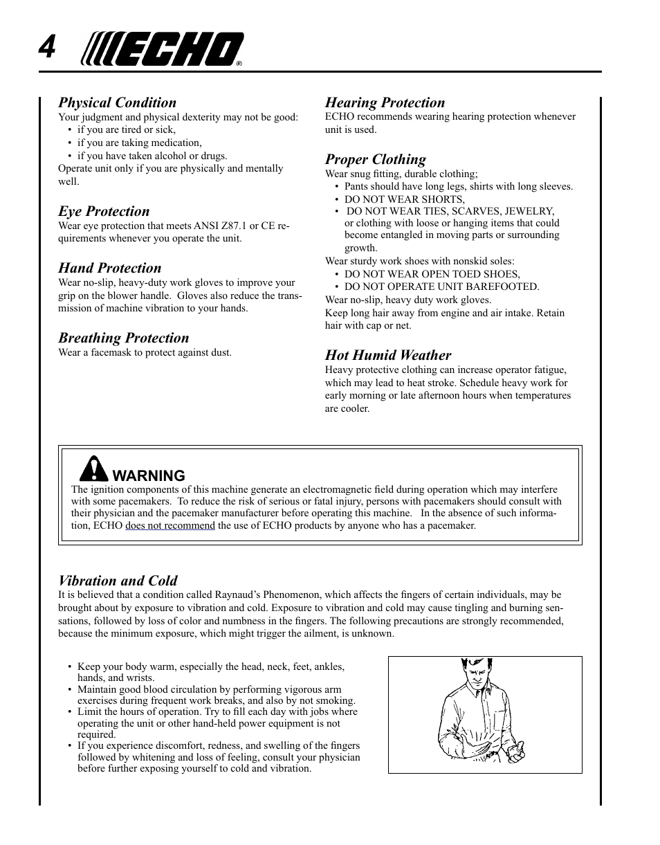Physical condition, Eye protection, Hand protection | Breathing protection, Vibration and cold, Hearing protection, Proper clothing, Hot humid weather, Warning | Echo PB-500H User Manual | Page 4 / 32