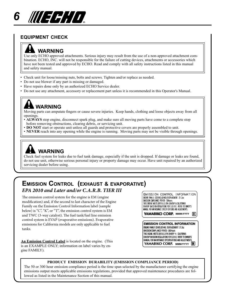 Emission control (exhaust & evaporative) | Echo PB-500H User Manual | Page 6 / 32