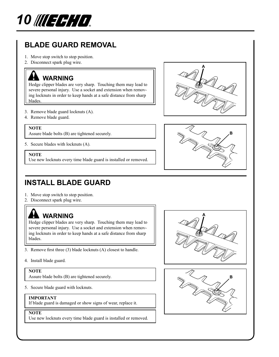 Blade guard removal, Install blade guard, Warning | Echo HC-155 User Manual | Page 10 / 32