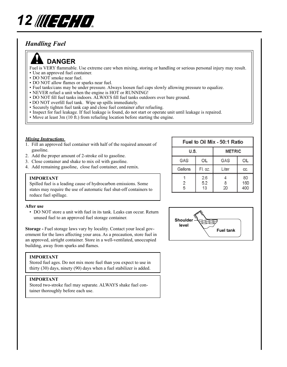 Handling fuel, Danger | Echo HC-155 User Manual | Page 12 / 32