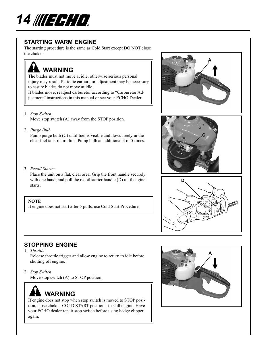 Warning | Echo HC-155 User Manual | Page 14 / 32