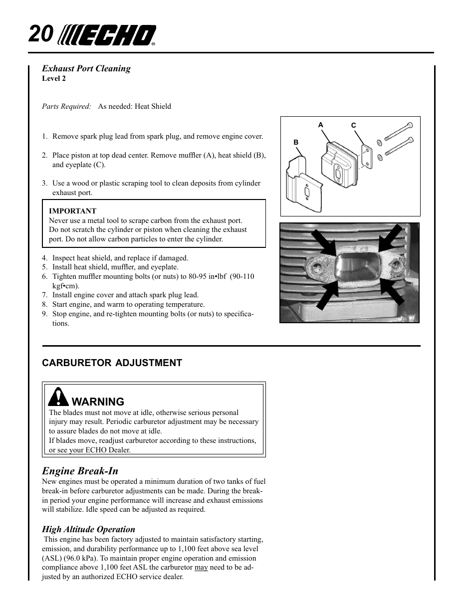 Warning, Engine break-in | Echo HC-155 User Manual | Page 20 / 32