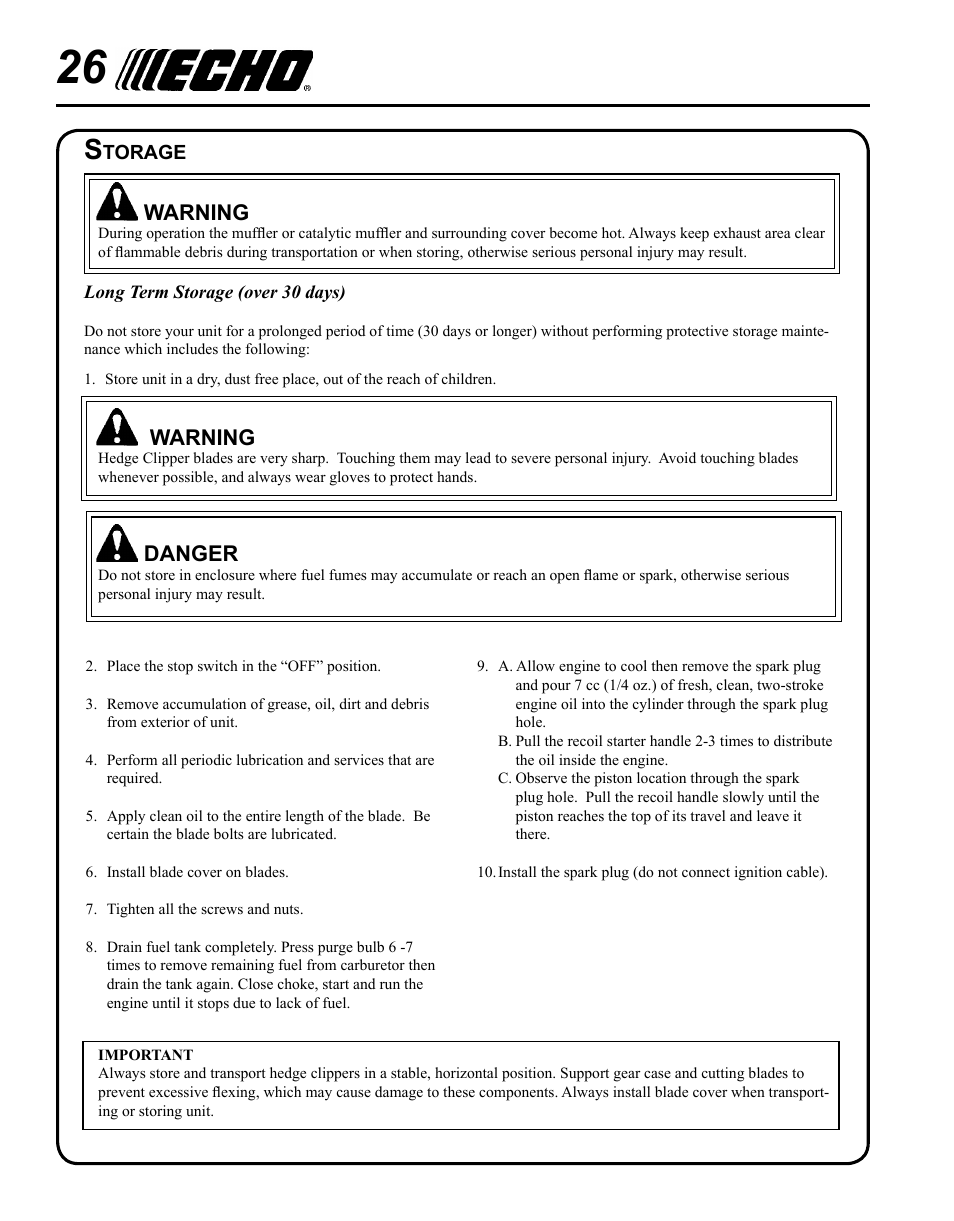Warning, Danger | Echo HC-155 User Manual | Page 26 / 32