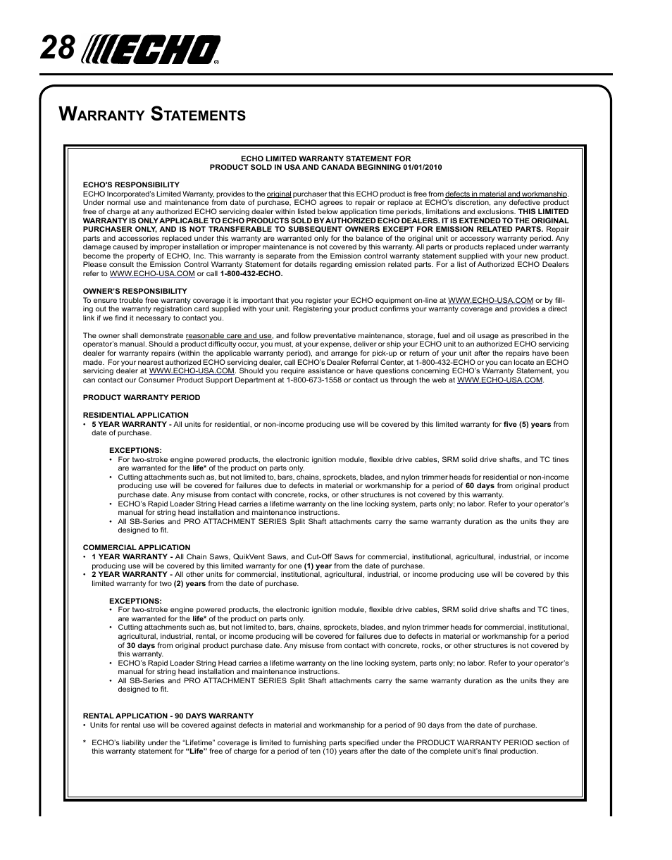 Arranty, Tatements | Echo HC-155 User Manual | Page 28 / 32