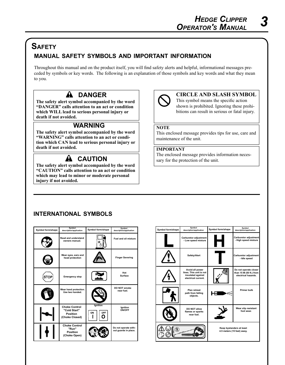 Warning, Caution, Danger | Edge, Lipper, Perator, Anual, International, Symbols, Afety manual | Echo HC-155 User Manual | Page 3 / 32