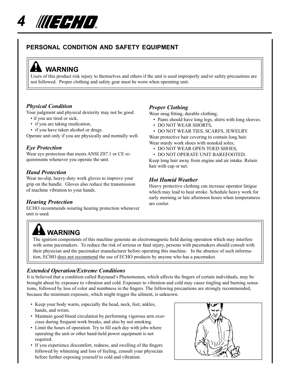 Warning | Echo HC-155 User Manual | Page 4 / 32