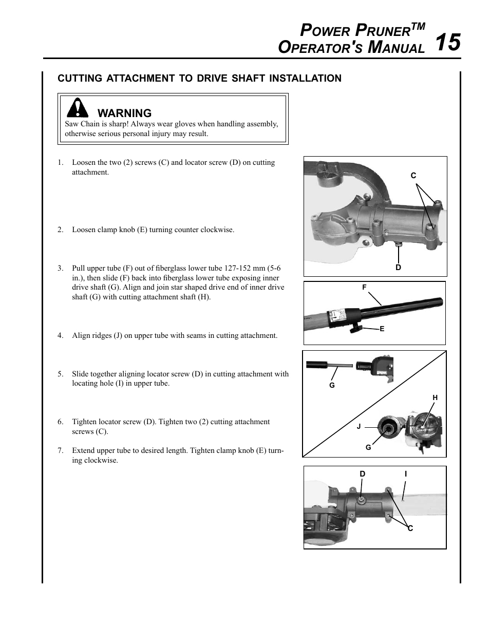 Cutting attachment to drive shaft installation, Ower, Runer | Perator, Anual | Echo PPT-265S User Manual | Page 15 / 40