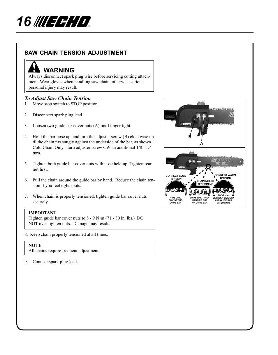 Saw chain tension adjustment | Echo PPT-265S User Manual | Page 16 / 40