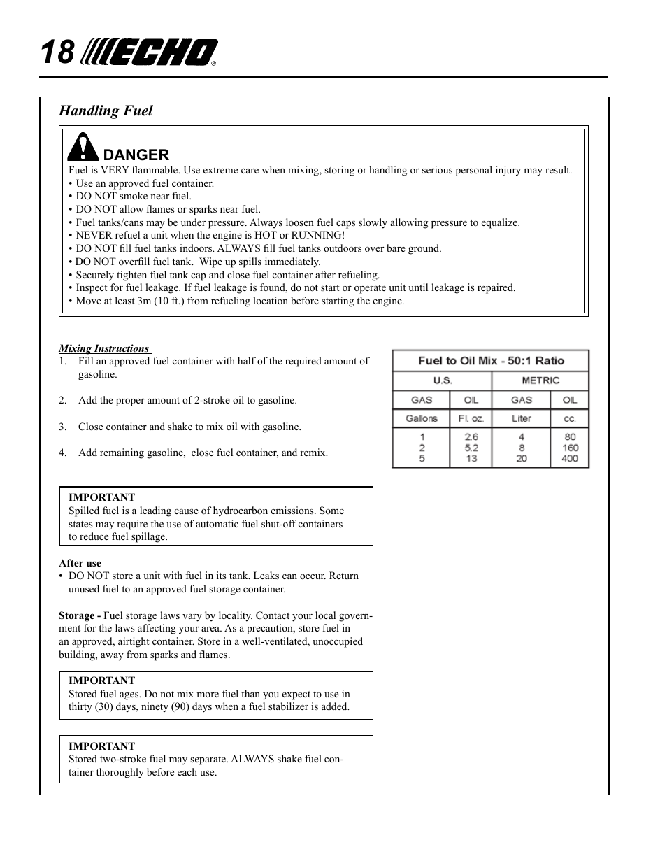 Handling fuel, Danger | Echo PPT-265S User Manual | Page 18 / 40
