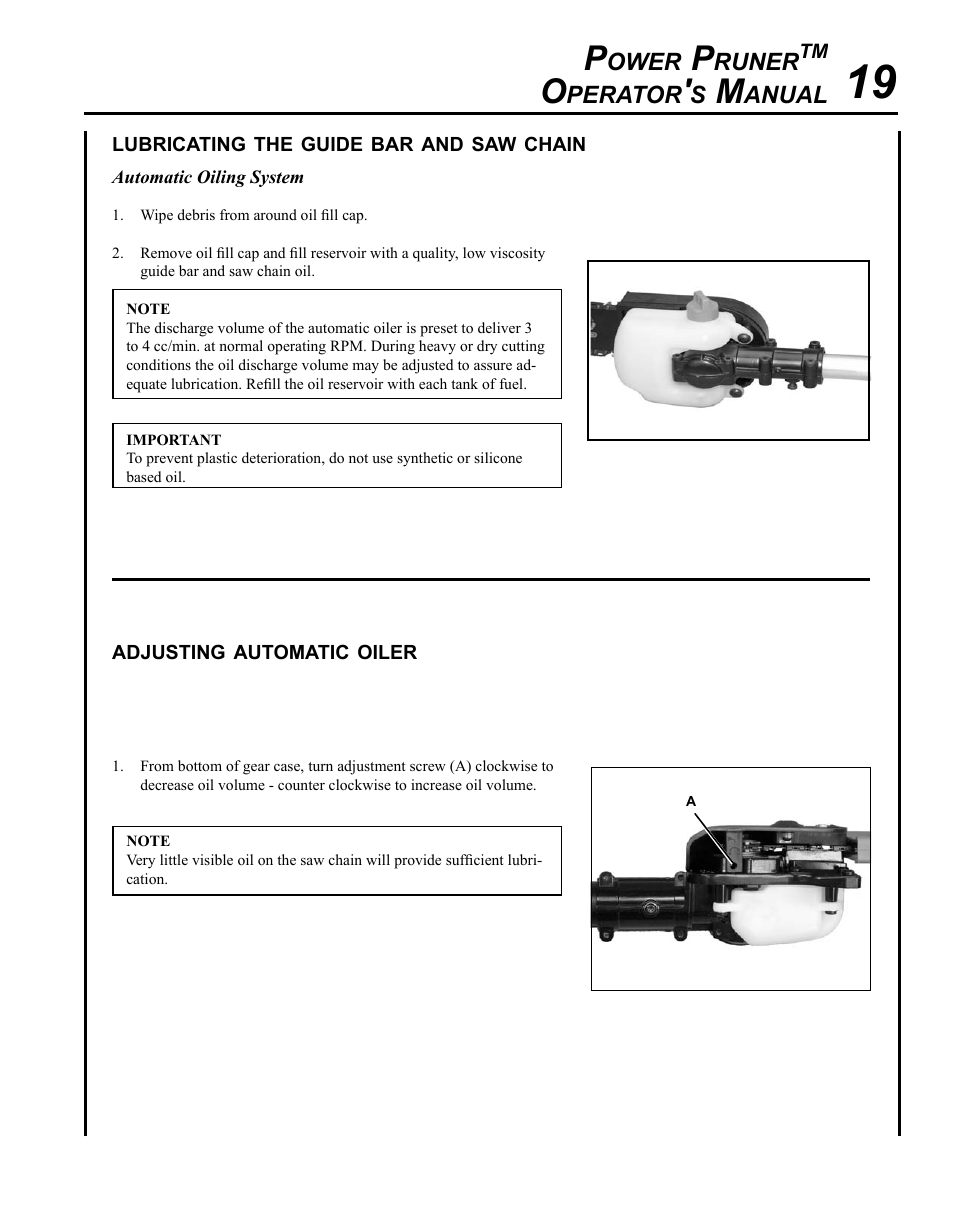 Lubricating the guide bar and saw chain, Adjusting automatic oiler | Echo PPT-265S User Manual | Page 19 / 40