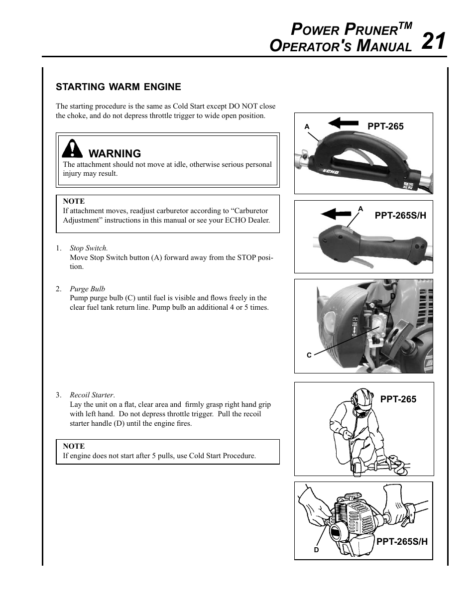 Starting warm engine, Ower, Runer | Perator, Anual | Echo PPT-265S User Manual | Page 21 / 40