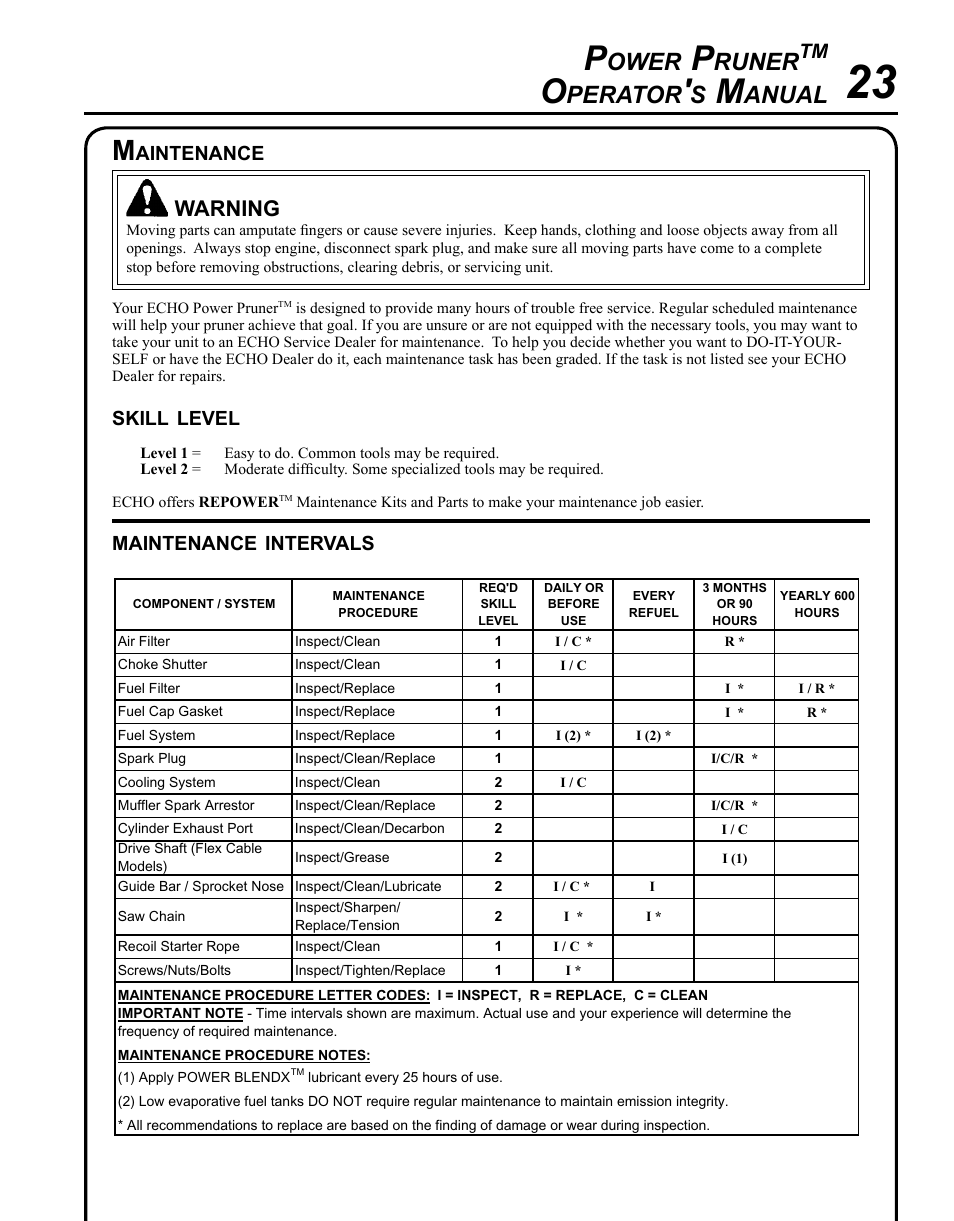 Maintenance, Ower, Runer | Perator, Anual, Warning | Echo PPT-265S User Manual | Page 23 / 40