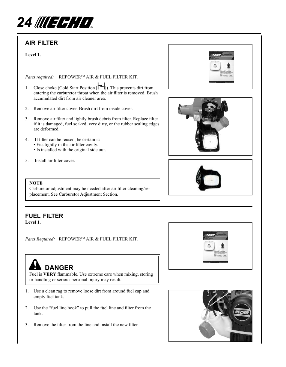 Air filter, Fuel filter, Danger | Echo PPT-265S User Manual | Page 24 / 40