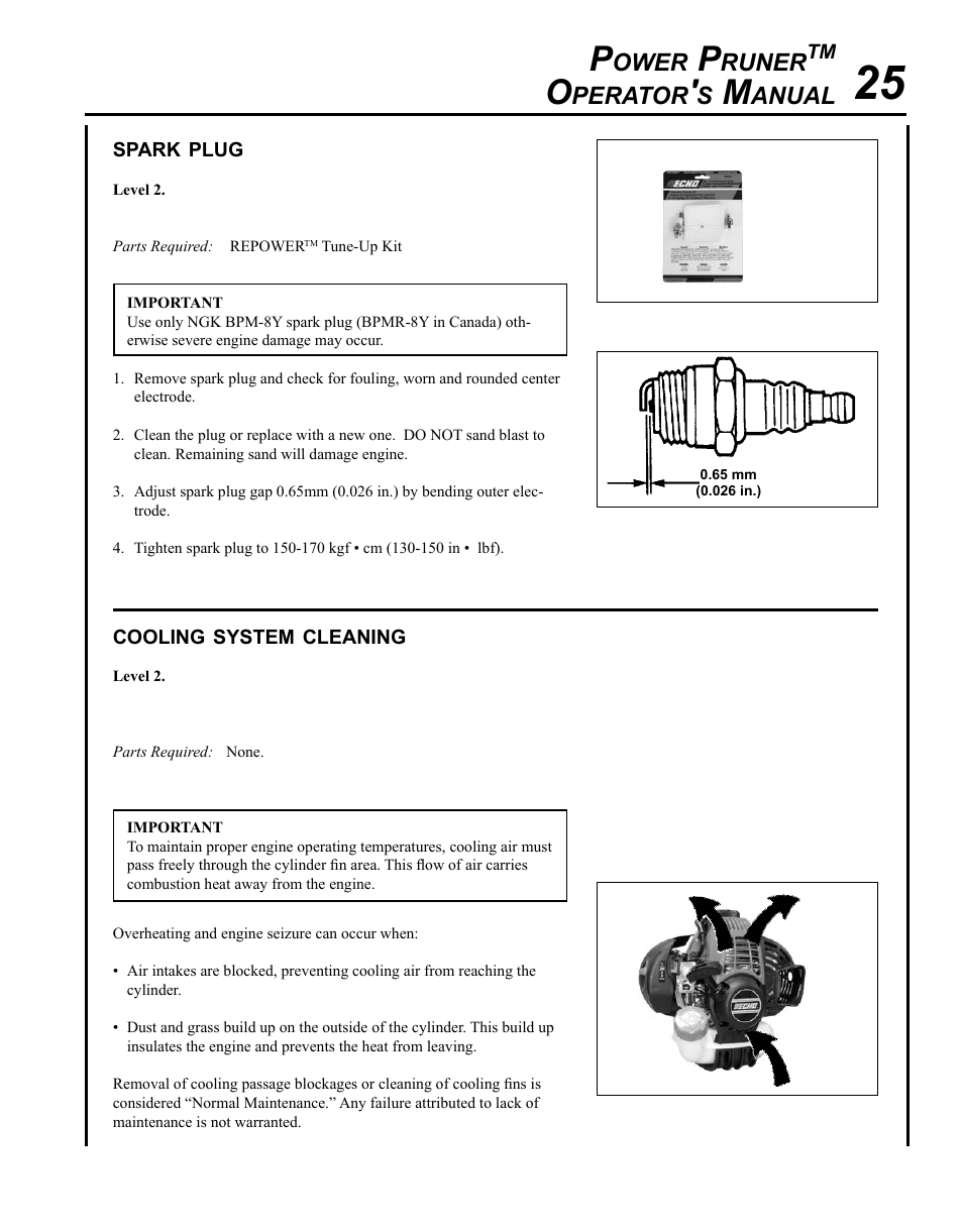 Spark plug, Cooling system cleaning, Ower | Runer, Perator, Anual | Echo PPT-265S User Manual | Page 25 / 40