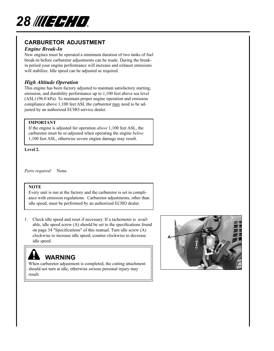 Carburetor adjustment, Warning | Echo PPT-265S User Manual | Page 28 / 40