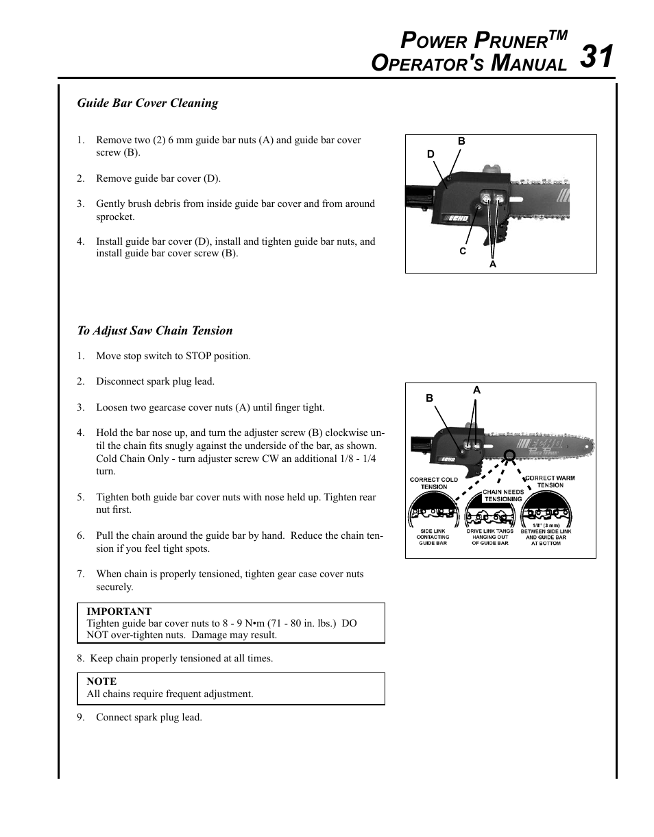 Guide bar and saw chain replacement, Ower, Runer | Perator, Anual | Echo PPT-265S User Manual | Page 31 / 40